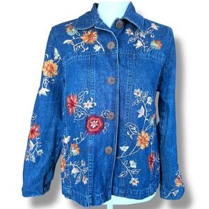Vintage Keren Hart Floral Embroidered Denim Jacket Size S Button Up Long Sleeve
